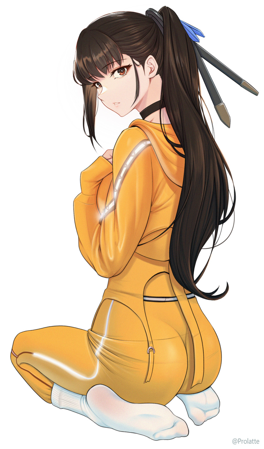 1girl, absurdres, ass, black_choker, black_hair, bodysuit, brown_eyes, choker, eve_(stellar_blade), from_behind, ghhoward, hair_ornament, highres, hood, hoodie, long_hair, looking_at_viewer, looking_back, ponytail, sitting, skin_tight, socks, soles, solo, sporty_yellow_(stellar_blade), stellar_blade, very_long_hair, wariza, white_socks, yellow_bodysuit, yellow_hoodie
