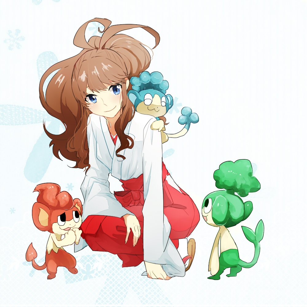 1girl, animal, black_eyes, blue_eyes, brown_hair, gen_5_pokemon, hilda_(pokemon), japanese_clothes