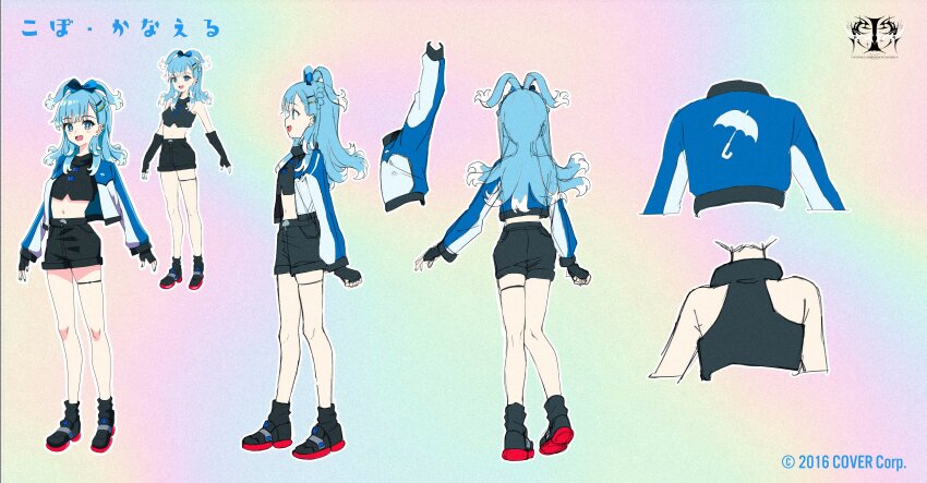 1girl, absurdres, black_footwear, black_gloves, black_shirt, blue_eyes, blue_hair, blue_jacket