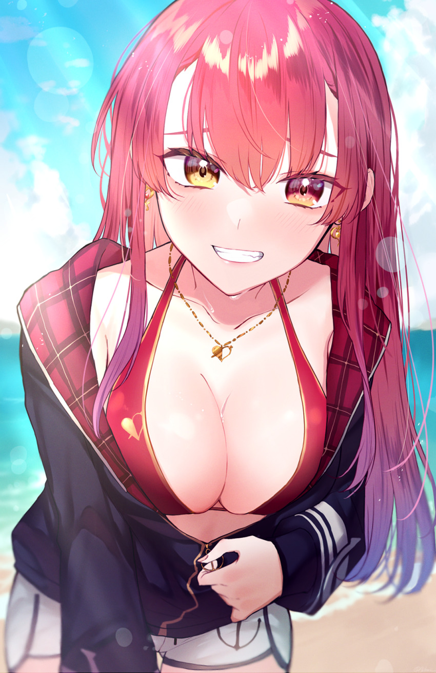 1girl, akikuriii, arrow_through_heart, beach, bikini, bikini_under_clothes, black_jacket, blue_sky