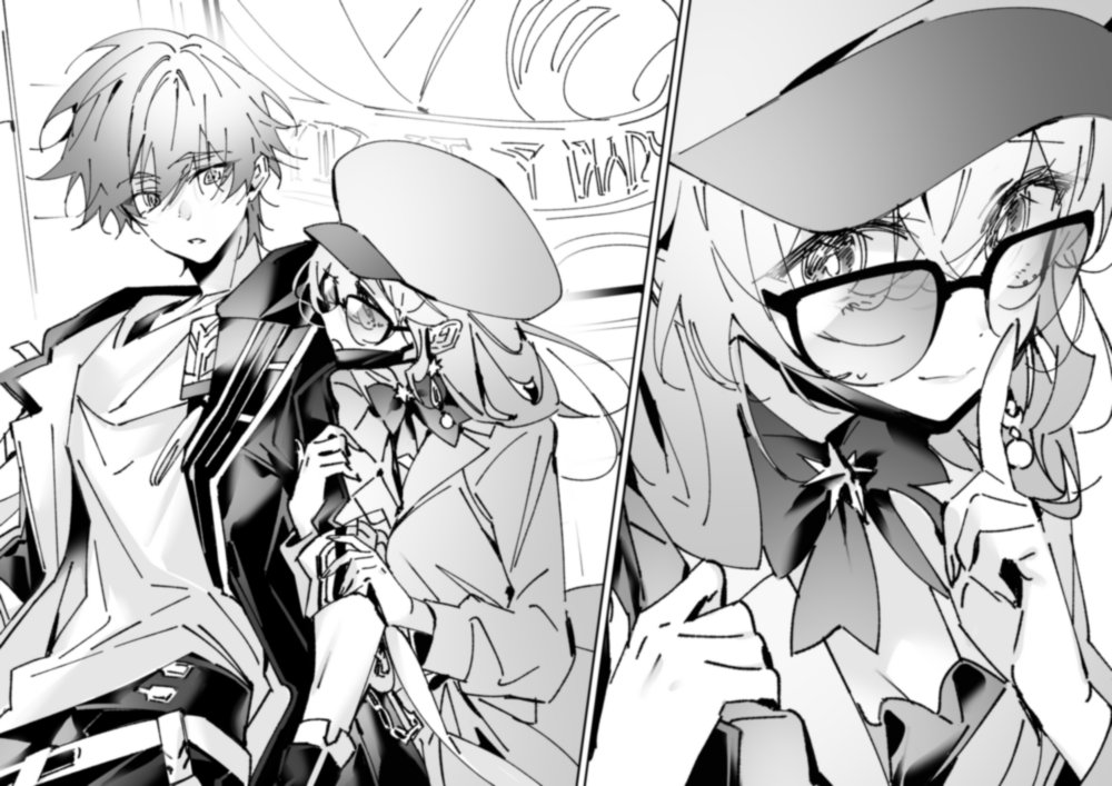 1boy, 1girl, bow, bowtie, caelus_(honkai:_star_rail), coat, couple, dlckrpwjd111, earrings, glasses, gloves, greyscale, hat, holding_hands, honkai:_star_rail, honkai_(series), jewelry, mask, mask_pull, monochrome, mouth_mask, ribbon, robin_(honkai:_star_rail), short_hair, sunglasses, trailblazer_(honkai:_star_rail), upper_body