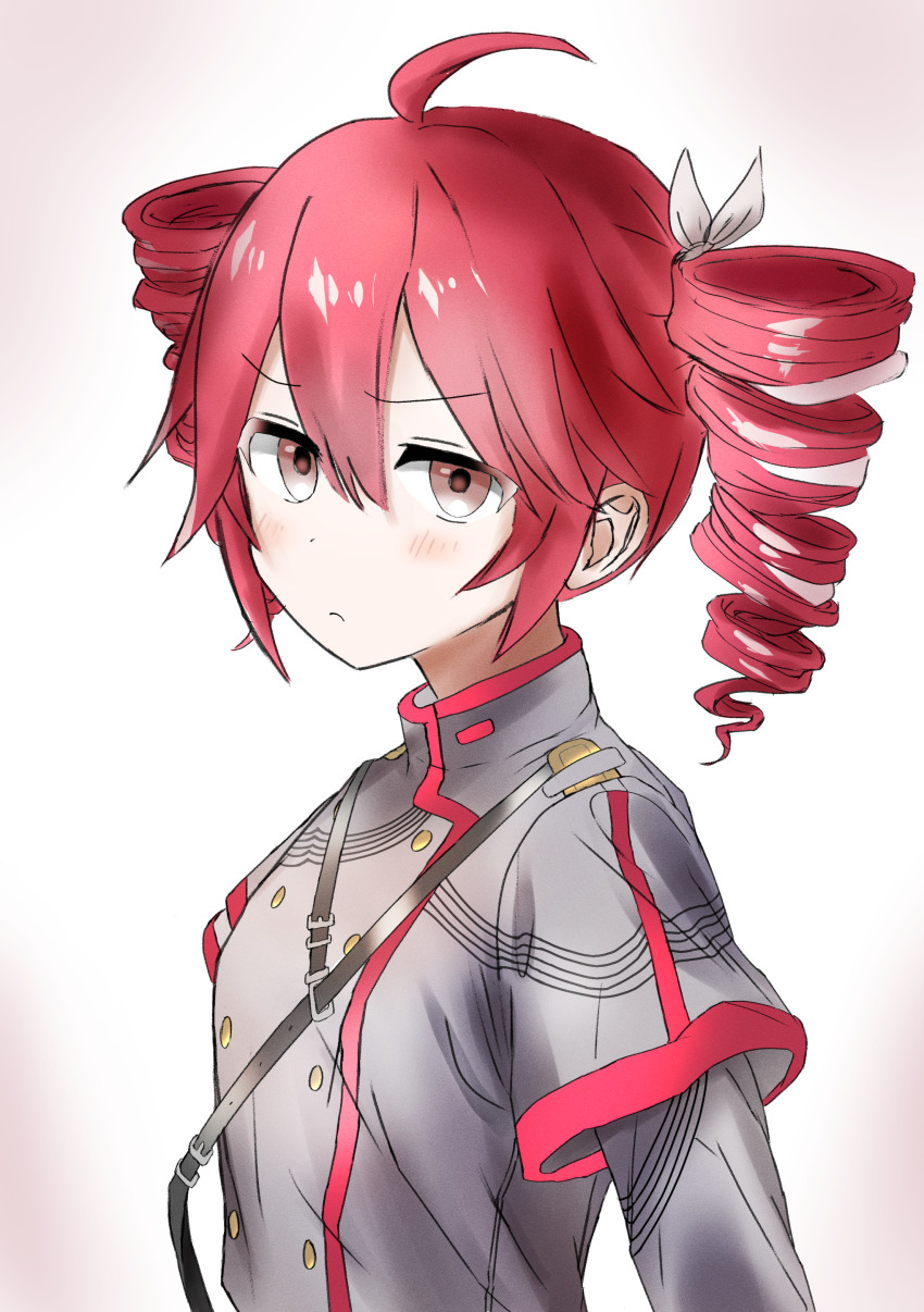 1girl, absurdres, ahoge, brown_eyes, buttons, closed_mouth, commentary_request, double-breasted