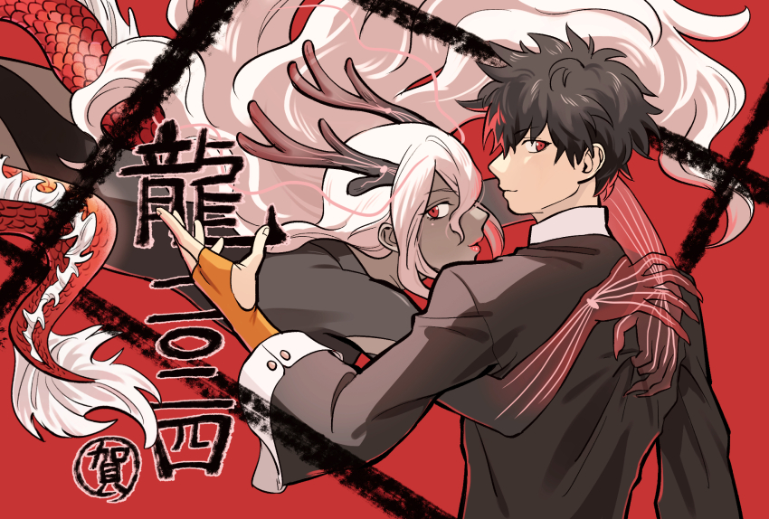 1boy, 1girl, ai_the_somnium_files, ai_the_somnium_files:_nirvana_initiative, black_hair, black_shirt, dark-skinned_female, dark_skin