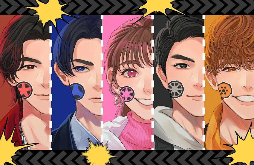 1girl, 4boys, akuse_jou, bakuage_sentai_boonboomger, black_hair, blue_eyes, brown_eyes, brown_hair