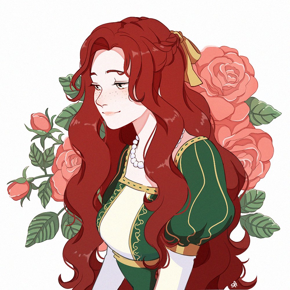 1girl, braid, commentary, dress, elbow_gloves, english_commentary, flower, freckles