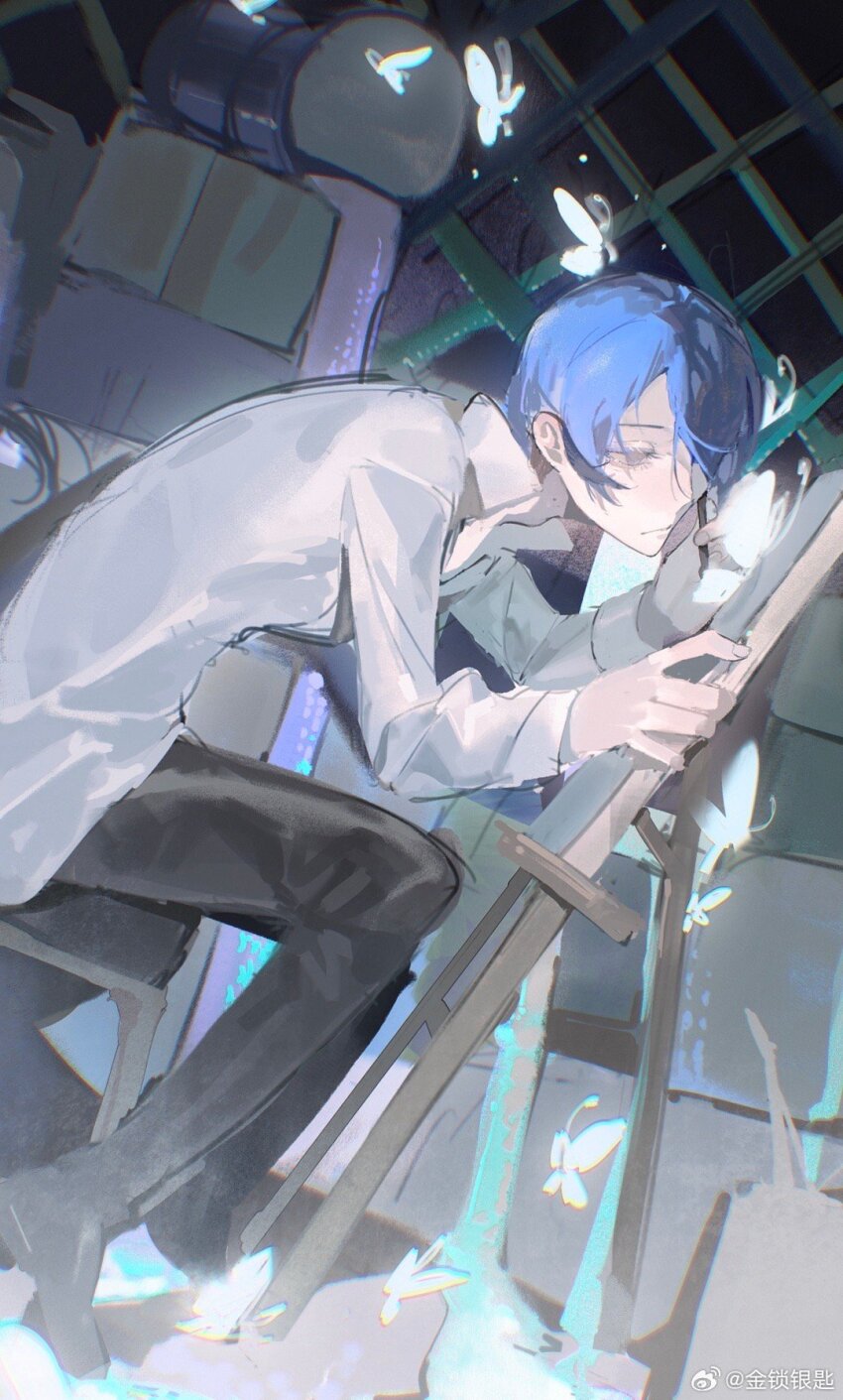 1boy, black_pants, black_shoes, blue_eyes, blue_hair, box_stack, bug, butterfly