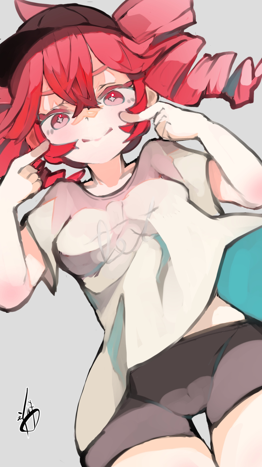 1girl, black_hat, black_shorts, breasts, cameltoe, closed_mouth, commentary, cowboy_shot