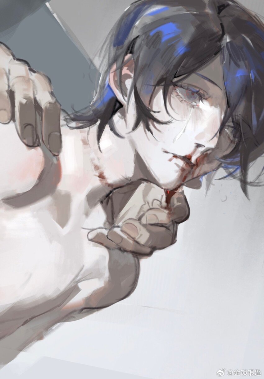 1boy, blood, blood_drip, blue_hair, bruise, bruise_on_neck, collarbone, crying