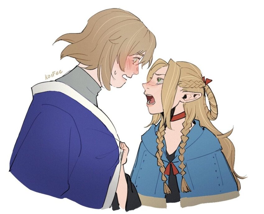 2girls, artist_name, blonde_hair, blue_capelet, blue_robe, blush, braid, brown_eyes