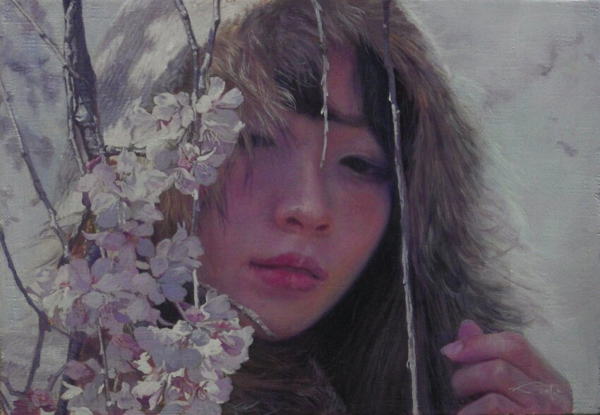 1girl, absurdres, black_hair, day, dead_plants, flower, highres, hood, naohiro_ito, oil_painting_(medium), original, painting_(medium), plant, portrait, solo, traditional_media, white_flower