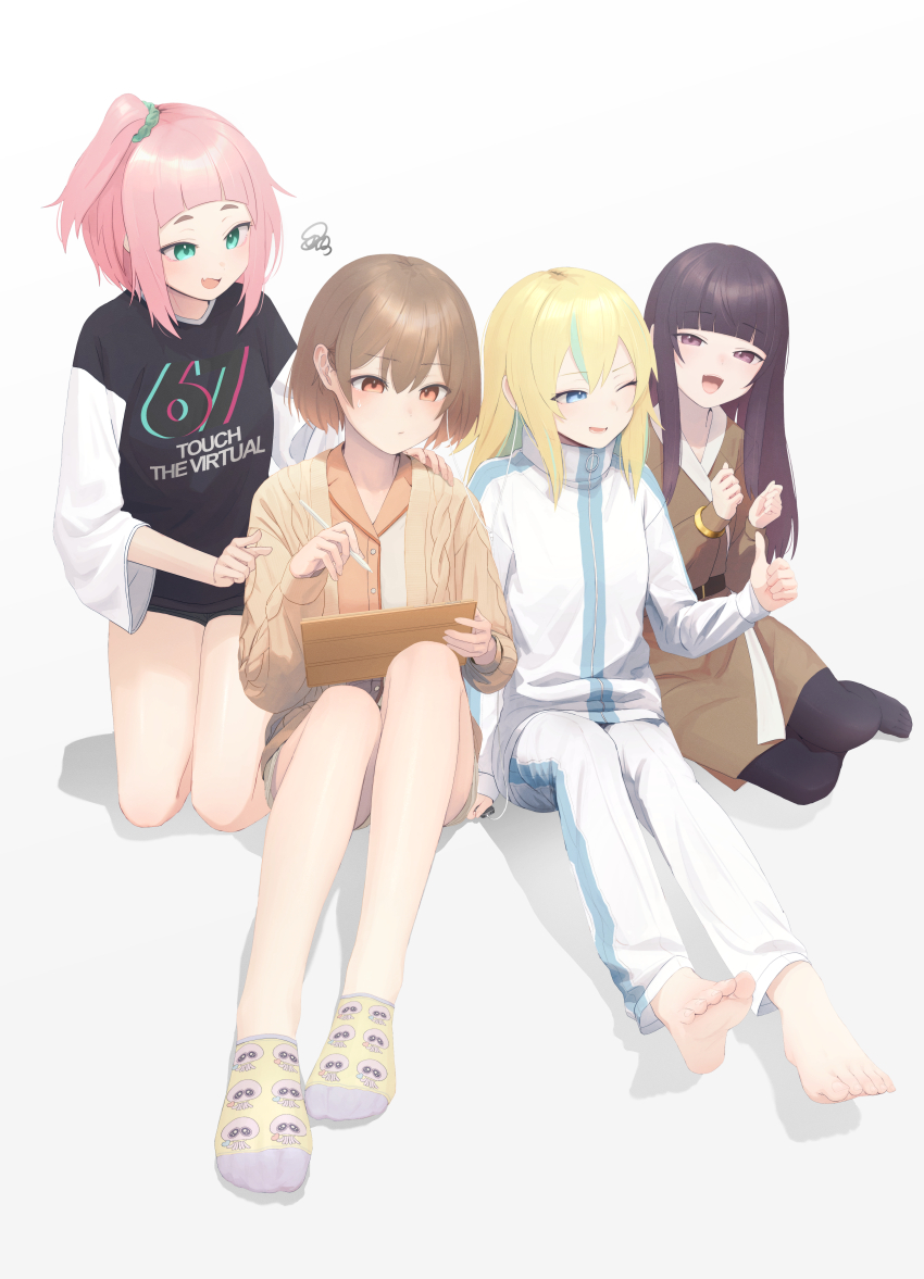 4girls, :/, absurdres, animal_print, arched_bangs, barefoot, black_hair, black_pantyhose