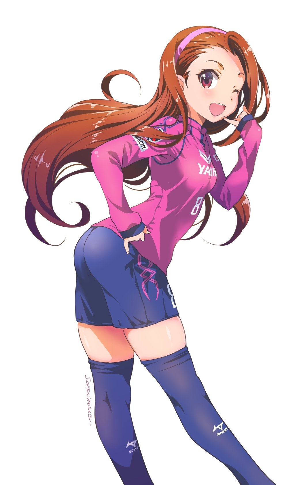 1girl, ass, black_thighhighs, blush, brown_hair, cerezo_osaka, dated, hairband, highres, idolmaster, idolmaster_(classic), inoue_sora, j._league, long_hair, looking_at_viewer, minase_iori, one_eye_closed, open_mouth, photoshop_(medium), red_eyes, revision, shorts, signature, smile, soccer, soccer_uniform, solo, sportswear, thighhighs