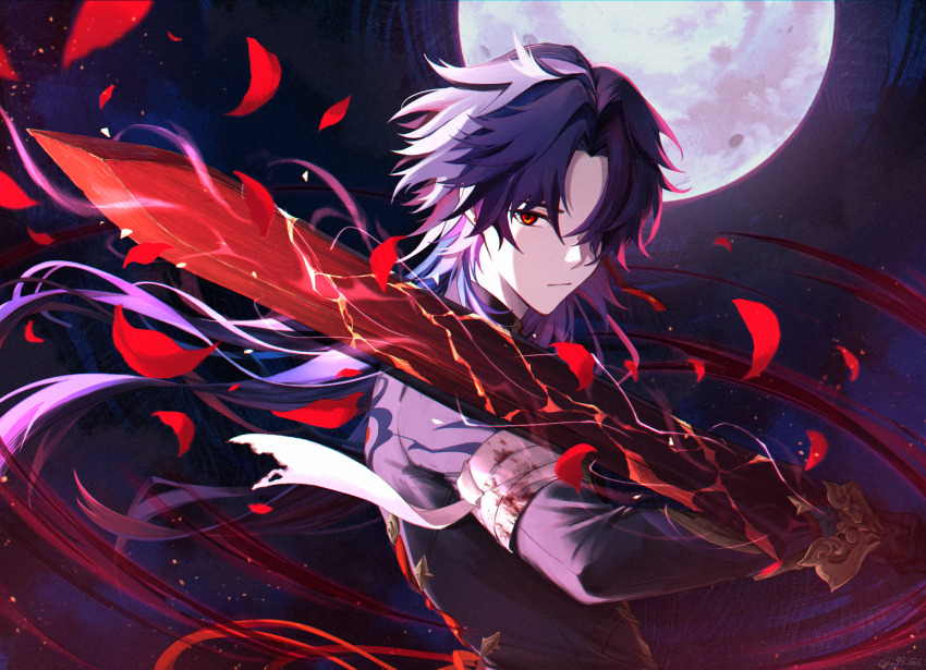 1boy, bandaged_arm, bandages, black_hair, black_jacket, blade_(honkai:_star_rail), blood, bloody_bandages, commentary_request, ear_piercing, earrings, from_side, glowing, glowing_sword, glowing_weapon, hair_intakes, hair_over_one_eye, highres, holding, holding_sword, holding_weapon, honkai:_star_rail, honkai_(series), jacket, jewelry, kkikr0, long_hair, looking_at_viewer, male_focus, moon, parted_bangs, petals, piercing, red_petals, reverse_grip, single_earring, solo, sword, upper_body, very_long_hair, weapon