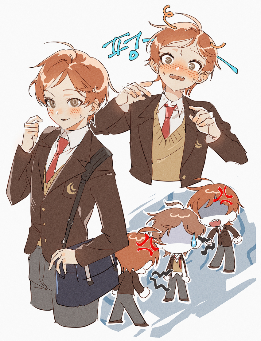 2boys, @_@, absurdres, ahoge, anger_vein, bag, black_footwear, blazer