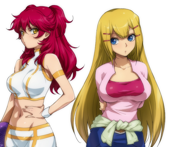 00s, 2girls, arms_behind_back, bad_haro, bare_shoulders, blonde_hair, breast_envy, breasts