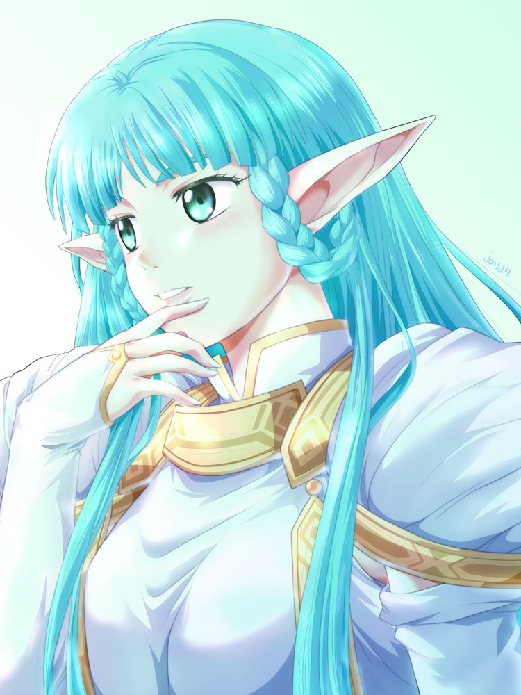 1girl, blue_background, blue_hair, blunt_bangs, braid, braided_hair_rings, brandish, bridal_gauntlets