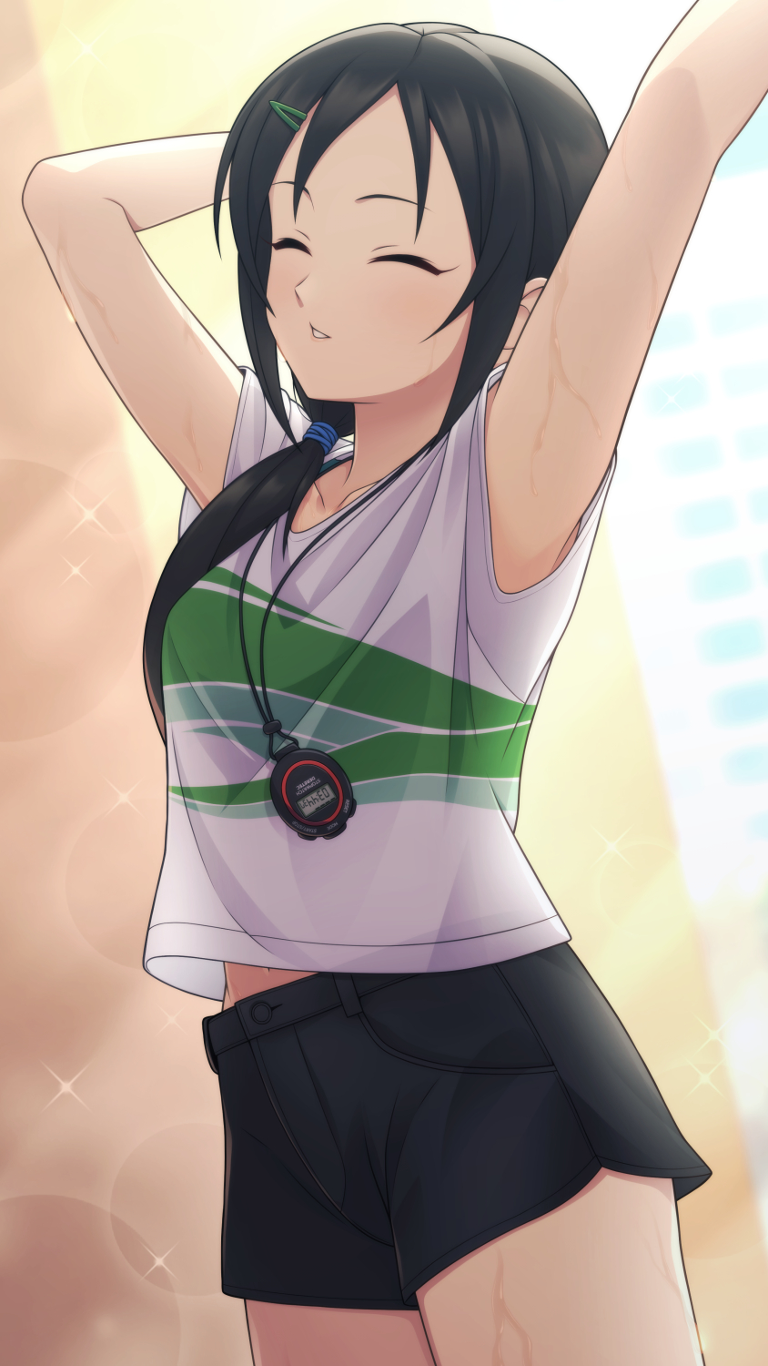 1girl, aoki_kei, arm_behind_head, arm_up, armpits, black_hair, black_shorts, breasts