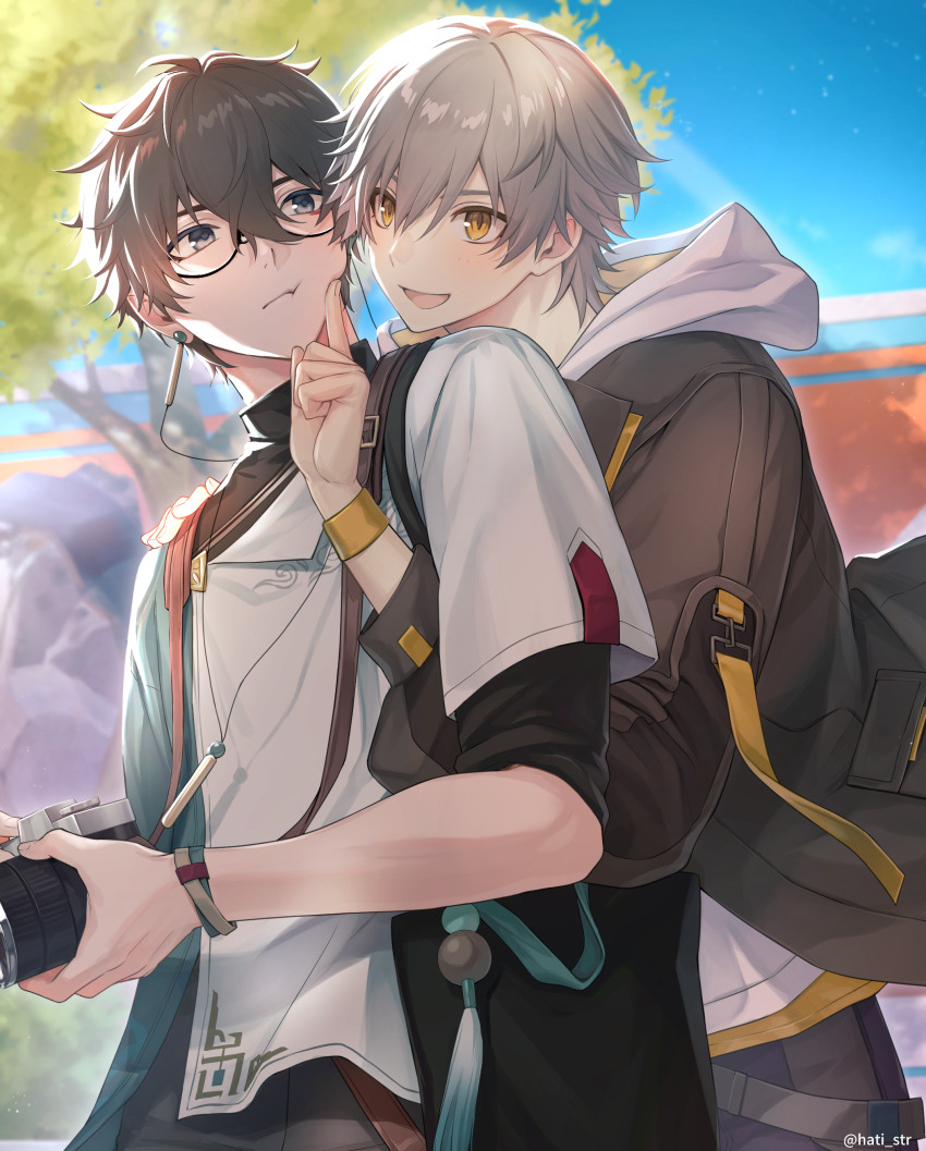 2boys, :t, absurdres, alternate_costume, black_hair, brown_jacket, caelus_(honkai:_star_rail), camera