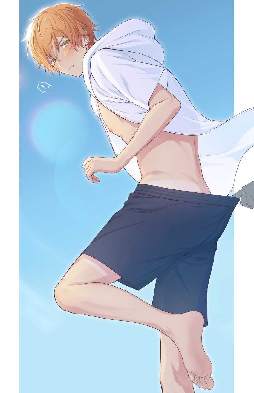 !, 2boys, absurdres, barefoot, black_male_swimwear, blonde_hair, clothes_pull, earrings, feet, green_eyes, hachiten, hair_between_eyes, highres, hood, hooded_jacket, hoodie, jacket, jewelry, male_focus, male_swimwear, multicolored_hair, multiple_boys, nipples, orange_hair, pants, pants_pull, project_sekai, pulling_another's_clothes, shinonome_akito, toes, white_hoodie