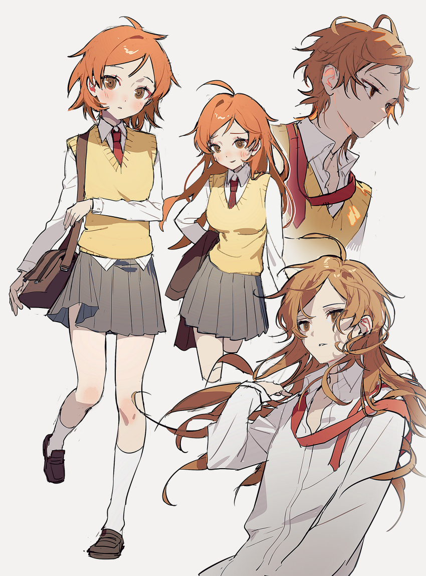 2girls, absurdres, ahoge, bag, blazer, brown_bag, brown_eyes, brown_footwear, brown_jacket, bsgkstnals03, closed_mouth, collared_shirt, cropped_legs, cropped_torso, danganronpa_(series), danganronpa_another, danganronpa_another:_another_despair_academy, dual_persona, empty_eyes, expressionless, eyelashes, genderswap, genderswap_(mtf), grey_skirt, hand_in_own_hair, highres, holding, holding_jacket, holding_unworn_clothes, jacket, kneehighs, knees, light_blush, light_frown, long_hair, looking_at_viewer, maeda_yuki, messy_hair, miniskirt, multiple_girls, multiple_views, necktie, nervous_smile, nervous_sweating, orange_hair, parted_lips, pleated_skirt, red_necktie, school_bag, shirt, shoes, short_hair, shoulder_bag, skirt, smile, socks, spoilers, super_danganronpa_another_2, sweat, sweater_vest, undone_necktie, unworn_jacket, utsuro_(danganronpa_another), uwabaki, v-neck, vest, white_shirt, white_socks, yellow_vest