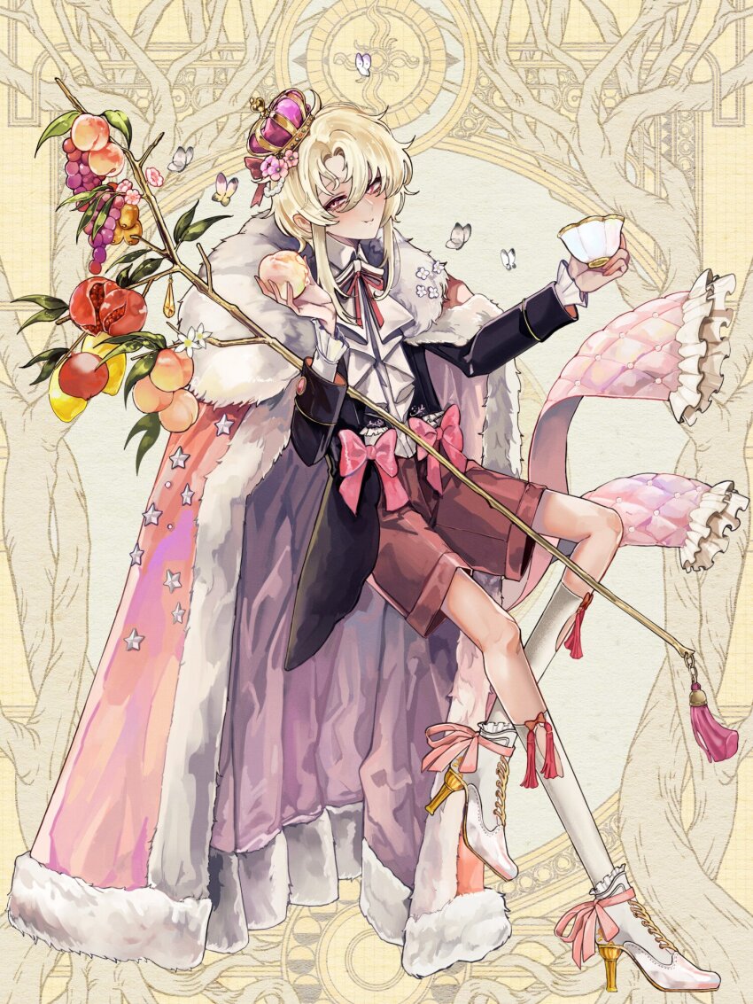 1boy, :t, ankle_boots, ankle_ribbon, ascot, ashioka_kuraco, black_jacket, blonde_hair, boots, bow, brown_shorts, bug, butterfly, cape, collared_shirt, crown, cup, curtained_hair, dairoku_ryouhei, eating, flower, food, food_bite, fruit, full_body, fur-trimmed_cape, fur_trim, grapes, hair_between_eyes, hair_flower, hair_ornament, high_heel_boots, high_heels, highres, holding, holding_cup, holding_food, holding_fruit, holding_staff, insect, invisible_chair, jacket, ki_eren, lace-up_boots, leaf, leg_ribbon, looking_at_viewer, male_focus, mango, mini_crown, neck_ribbon, neck_tassel, peach, pink_bow, pink_cape, pink_flower, pink_ribbon, pomegranate, red_eyes, red_ribbon, ribbon, shirt, short_hair_with_long_locks, shorts, sitting, solo, staff, star_(symbol), tassel, teacup, tilted_headwear, waist_bow, white_ascot, white_boots, white_butterfly, white_flower, white_shirt, yellow_background