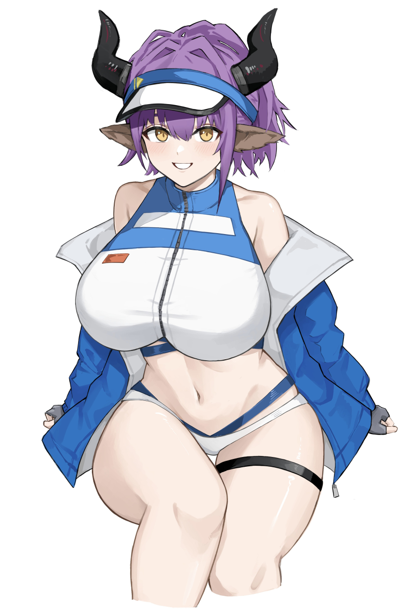 1girl, absurdres, animal_ears, arknights, bikini, blue_jacket, breasts, cow_ears