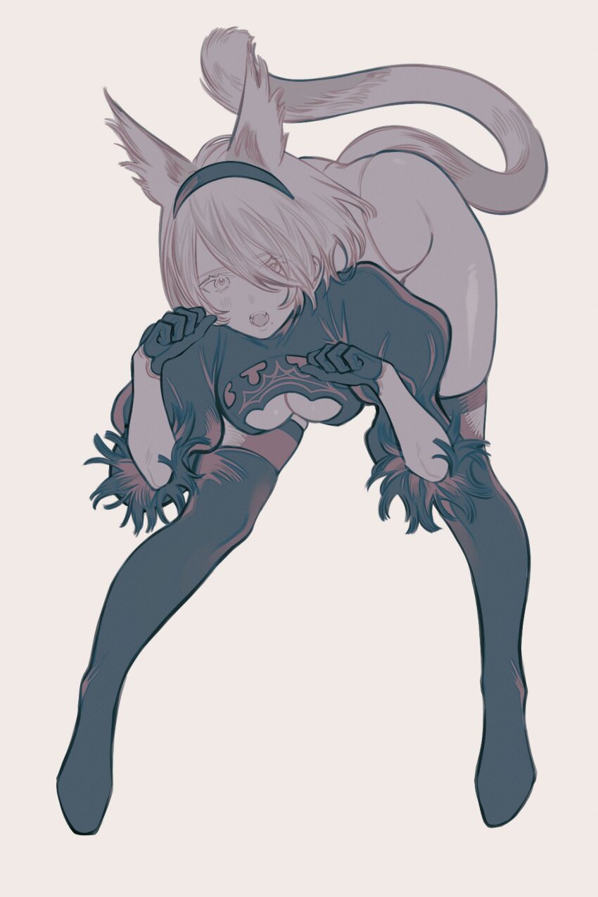 1girl, 2b_(nier:automata), animal_ears, black_gloves, black_hairband, black_shirt, black_thighhighs, breasts