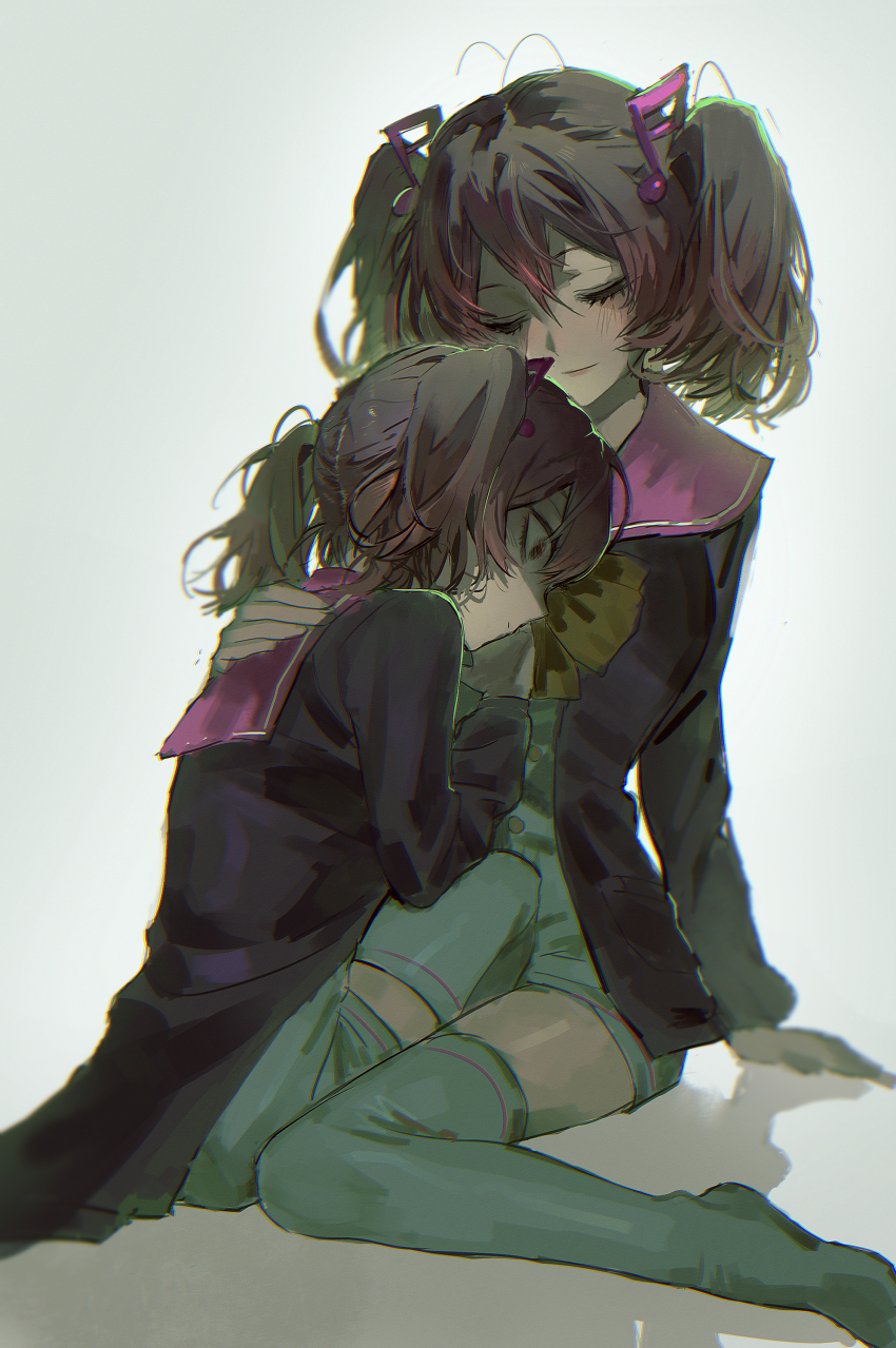 2girls, absurdres, black_jacket, black_sleeves, bow, bowtie, breasts, bsgkstnals03