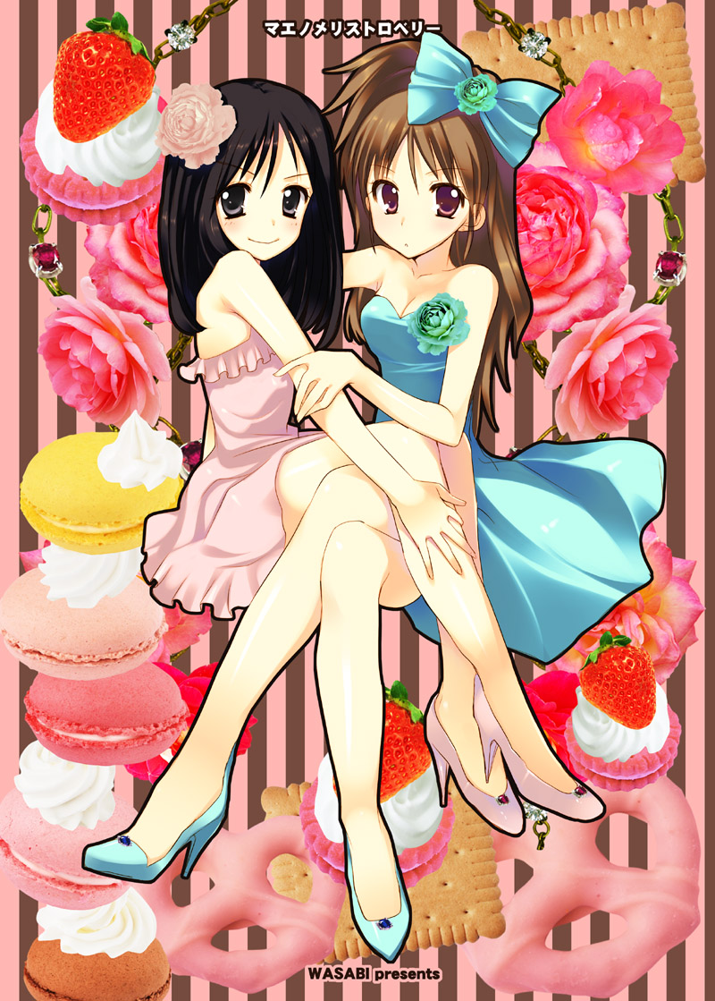 2girls, black_eyes, black_hair, bow, brown_hair, cookie, cream, dress