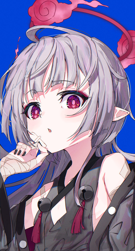 1girl, bandaged_hand, bandaged_wrist, bandages, bare_shoulders, bell, black_nails, blue_archive