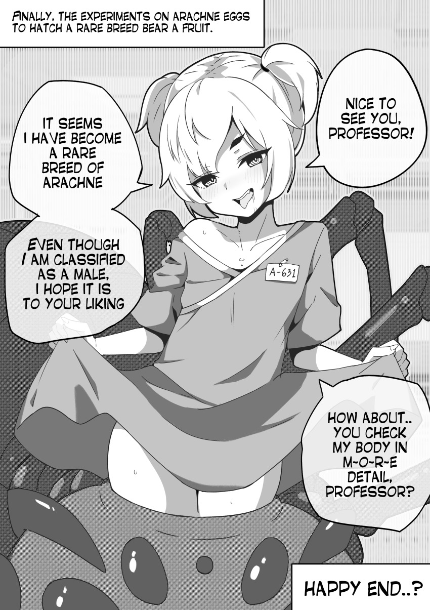 1boy, absurdres, arachne_boy, blush, bug, clothes_lift, collarbone, commentary, dress, drooling, english_commentary, english_text, extra_eyes, gown, greyscale, hashite_a, highres, hospital_gown, inktober, monochrome, multiple_legs, open_mouth, original, pin, safety_pin, short_hair, short_twintails, solo, speech_bubble, spider, sweatdrop, swept_bangs, teeth, thick_eyebrows, thick_eyelashes, thighs_together, tongue, tongue_out, trap, twintails, upper_teeth_only