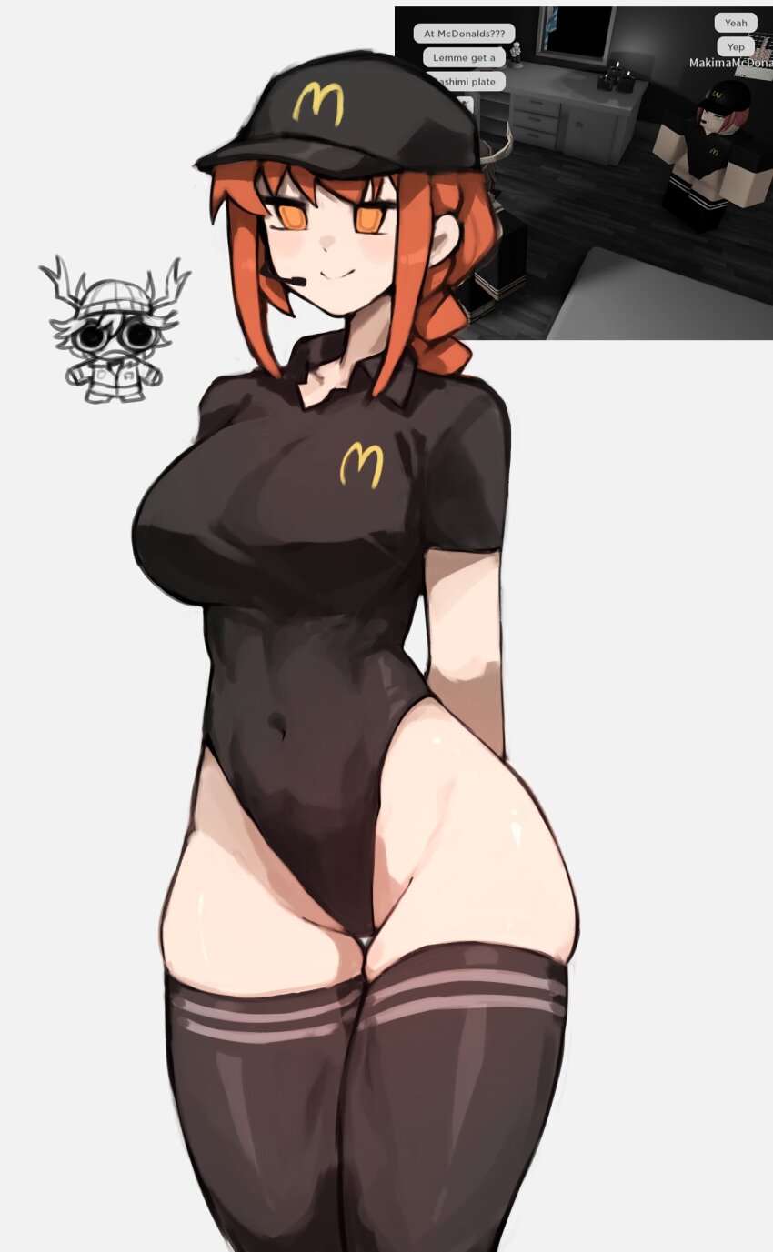 1girl, black_leotard, cameltoe, chainsaw_man, character_request, collared_shirt, hat, headpiece, highres, leotard, makima_(chainsaw_man), mcdonald's, orange_eyes, orange_hair, roblox, shigezie, shirt, simple_background, striped_clothes, striped_thighhighs, thick_thighs, thighhighs, thighs, waitress, white_background
