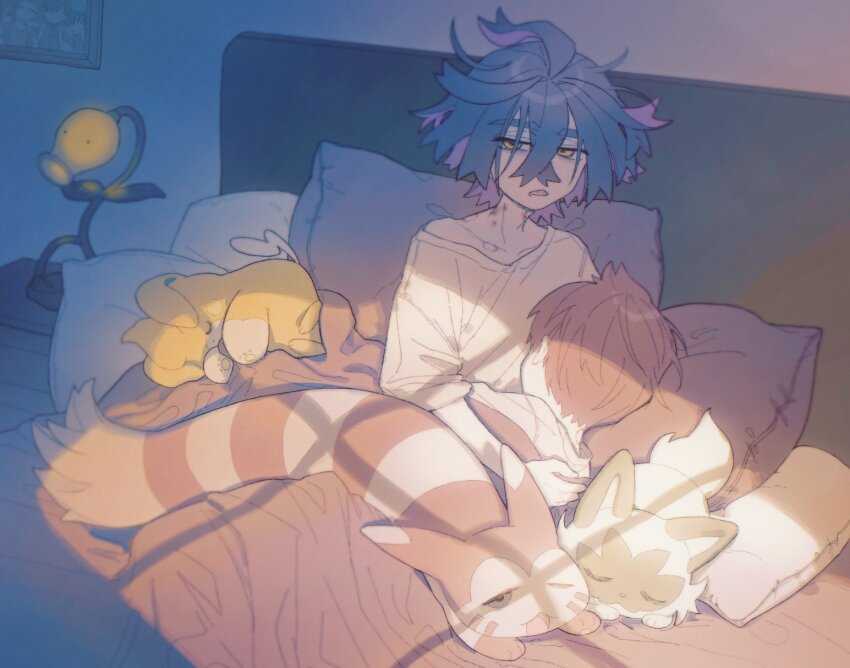 2boys, bags_under_eyes, bed, bellsprout, bite_mark, black_hair, brown_hair, closed_eyes