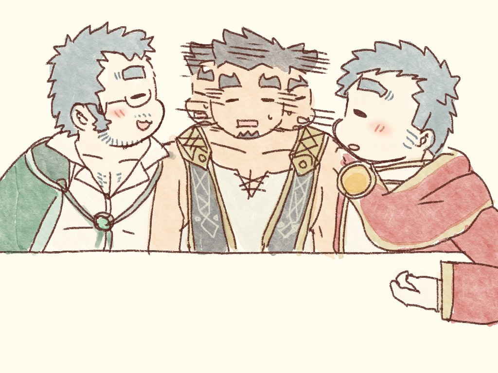 3boys, =_=, bara, beard_stubble, blush, boy_sandwich, confused, crave_saga