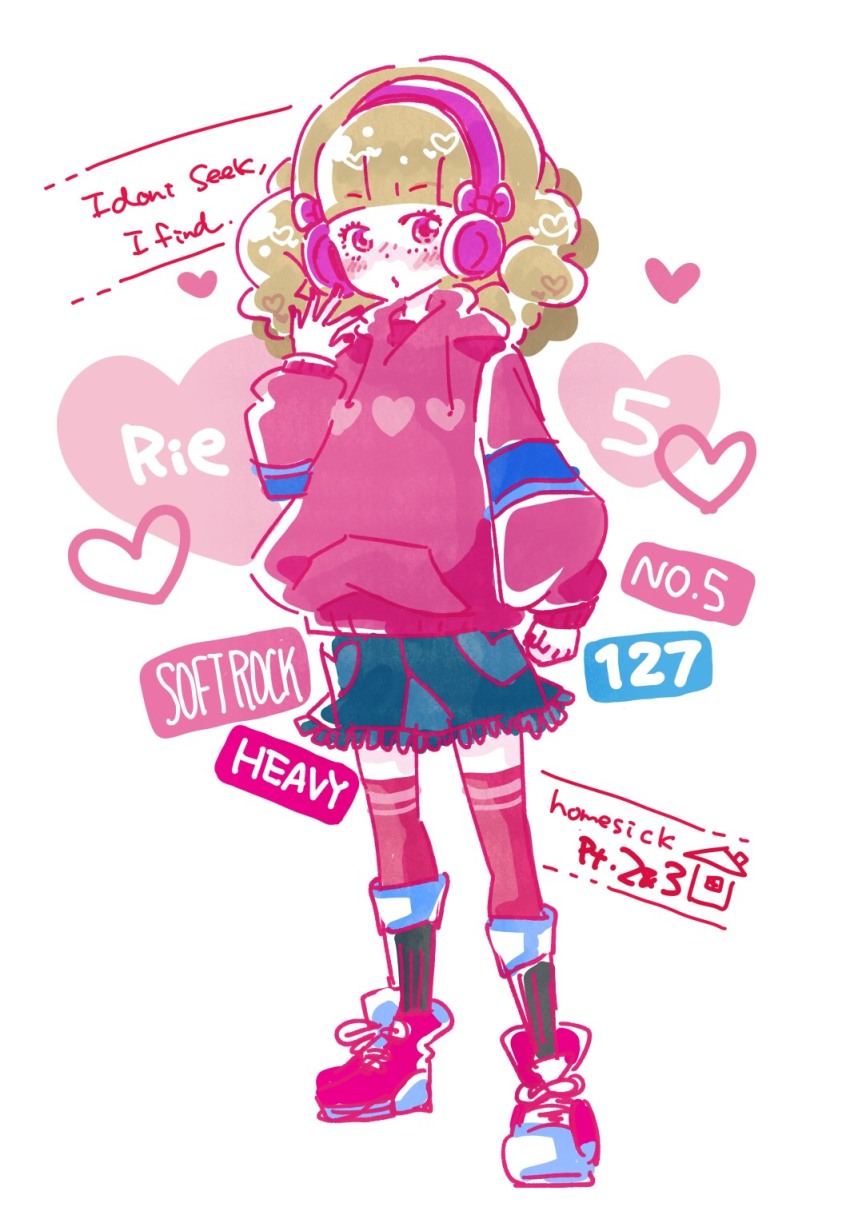 1girl, arm_at_side, bemani, blunt_bangs, blush, brown_hair, english_text, freckles, full_body, headphones, highres, hood, hood_down, hoodie, long_sleeves, looking_at_viewer, pink_hoodie, pop'n_music, red_thighhighs, rie-chan, solo, song_name, standing, thighhighs, uminonagisa, white_background