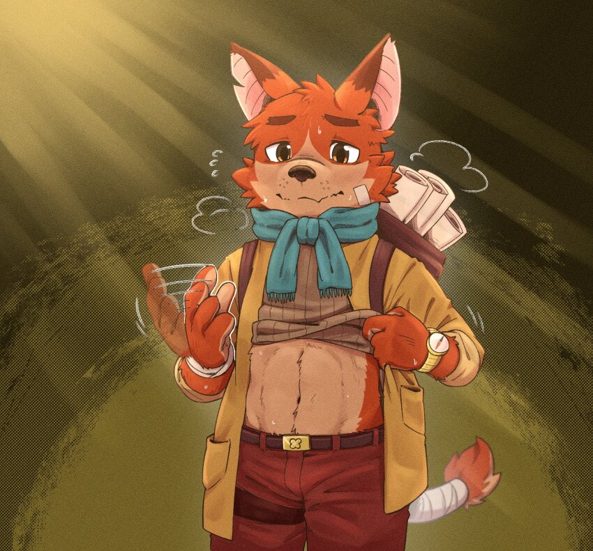 1boy, abs, animal_ears, bandaged_arm, bandaged_tail, bandages, bandaid, bandaid_on_face