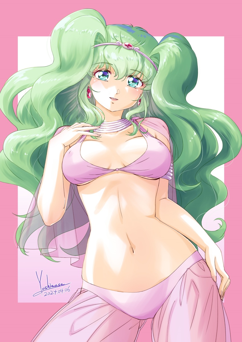 1980s_(style), 1girl, absurdres, dress, earrings, green_eyes, green_hair, happy, highres, jewelry, lakshu, long_hair, navel, oldschool, pantyhose, retro_artstyle, smile, tenkuu_senki_shurato, yoshinaga_masahiro