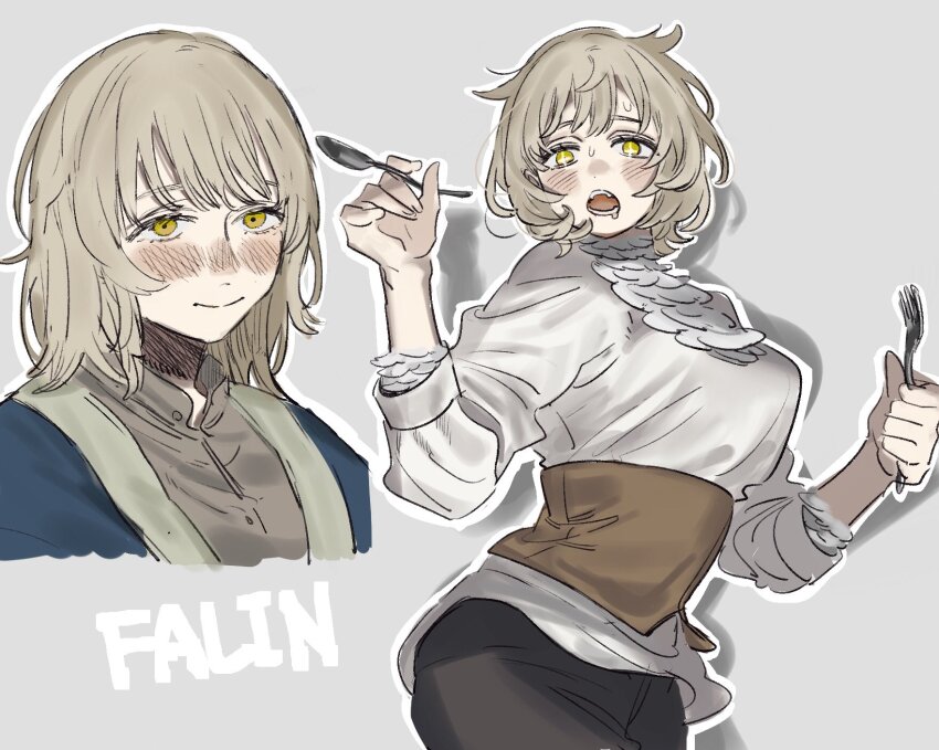 1girl, black_pants, blue_jacket, blunt_bangs, blush, character_name, commentary, drooling, dungeon_meshi, falin_touden, fangs, feathers, fork, grey_shirt, highres, holding, holding_fork, holding_spoon, jacket, light_brown_hair, medium_hair, nahnohk, open_mouth, outline, pants, shirt, sparkling_eyes, spoilers, spoon, sweat, upper_body, white_outline, white_shirt, yellow_eyes
