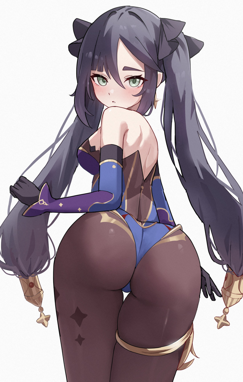 1girl, absurdres, ass, bare_shoulders, black_gloves, black_hair, blue_leotard, blush, breasts, chideno, earrings, from_behind, genshin_impact, gloves, gold_trim, green_eyes, highres, jewelry, leotard, long_hair, looking_at_viewer, looking_back, medium_breasts, mona_(genshin_impact), pantyhose, parted_lips, simple_background, solo, star_(symbol), star_earrings, thigh_gap, thighlet, twintails, twisted_torso, very_long_hair, white_background