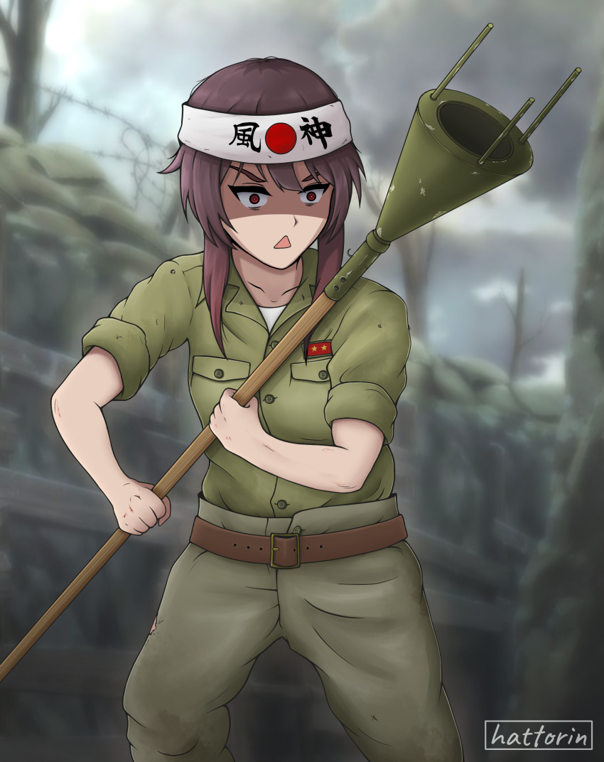 1girl, absurdres, artist_name, belt, brown_hair, flat_chest, hachimaki, hattorin
