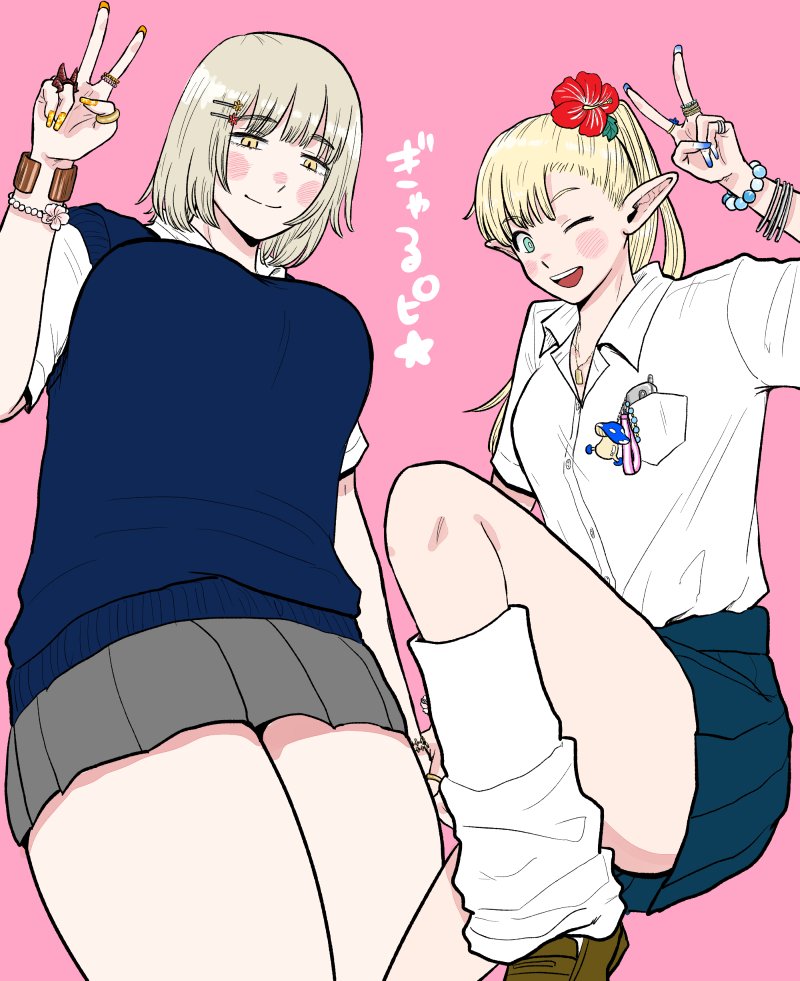 2girls, bead_bracelet, beads, blonde_hair, blue_nails, blue_sweater_vest, blush_stickers, bracelet, breast_pocket, breasts, cellphone, commentary_request, contemporary, dungeon_meshi, falin_touden, fingernails, flower, green_eyes, gyaru, hair_flower, hair_ornament, jewelry, ke_zta, kogal, large_breasts, long_fingernails, marcille_donato, medium_breasts, miniskirt, multiple_bracelets, multiple_girls, multiple_rings, one_eye_closed, open_mouth, phone, pleated_skirt, pocket, pointy_ears, ponytail, ring, school_uniform, skirt, smile, sweater_vest, translation_request, v, yellow_eyes, yellow_nails