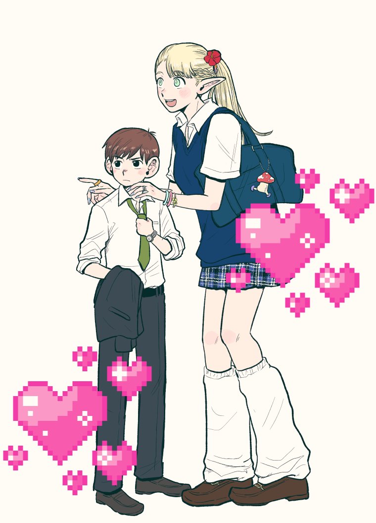 1boy, 1girl, bag, black_eyes, blonde_hair, blue_eyes, blue_sweater_vest, bracelet, brown_hair, chilchuck_tims, commentary_request, contemporary, dungeon_meshi, flower, green_necktie, hair_flower, hair_ornament, heart, holding, holding_bag, holding_unworn_clothes, holding_jacket, jacket, jewelry, ke_zta, loose_socks, marcille_donato, miniskirt, multiple_bracelets, multiple_rings, necktie, plaid_clothes, plaid_skirt, pointing, pointy_ears, ponytail, ring, school_bag, school_uniform, skirt, sleeves_rolled_up, socks, sweater_vest, unworn_jacket, watch, wristwatch