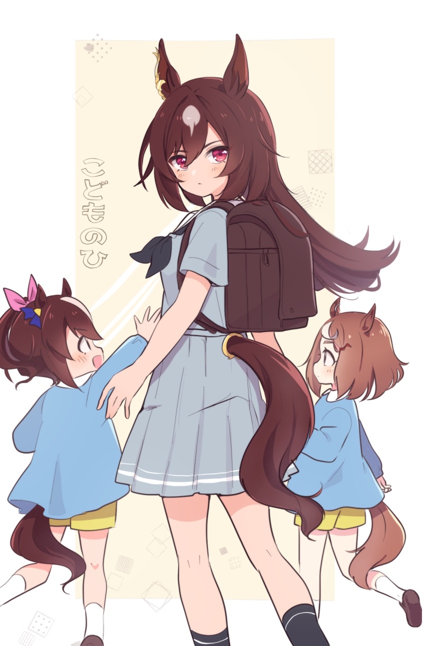 3girls, aged_down, alternate_costume, animal_ears, backpack, bag, bow, brown_bag, brown_hair, clothing_cutout, den_den_tumuri, ear_bow, ear_ribbon, from_behind, grey_skirt, hair_between_eyes, hair_ornament, hairclip, highres, horse_ears, horse_girl, horse_tail, kindergarten_uniform, long_hair, multicolored_hair, multiple_girls, pink_ribbon, pleated_skirt, randoseru, red_eyes, ribbon, school_uniform, serafuku, short_hair, sirius_symboli_(umamusume), skirt, smock, streaked_hair, tail, tail_through_clothes, tokai_teio_(umamusume), tsurumaru_tsuyoshi_(umamusume), umamusume, white_hair