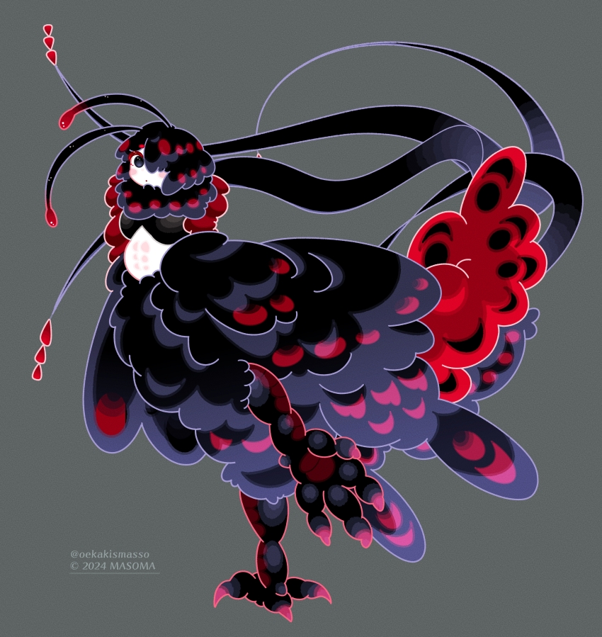 1girl, absurdres, antennae, belly, bird_legs, black_eyes, black_feathers, black_hair, black_wings, blush_stickers, commentary_request, feathers, grey_background, hair_over_one_eye, harpy, highres, looking_at_viewer, monster_girl, oekakisimasso, original, red_feathers, red_hair, simple_background, spotted_feathers, spotted_hair, twitter_username, two-tone_wings, winged_arms, wings