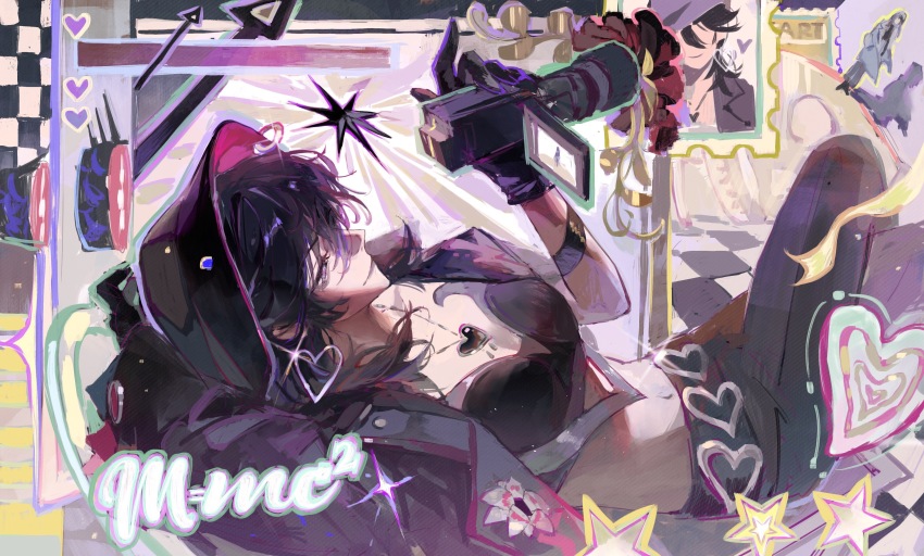 2girls, abstract_background, absurdres, black_gloves, black_hair, black_hat, black_jacket, black_pants