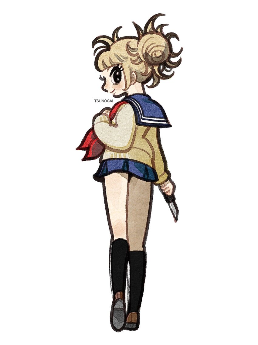 2girls, artist_name, black_socks, blonde_hair, blue_sailor_collar, blue_skirt, boku_no_hero_academia, brown_cardigan