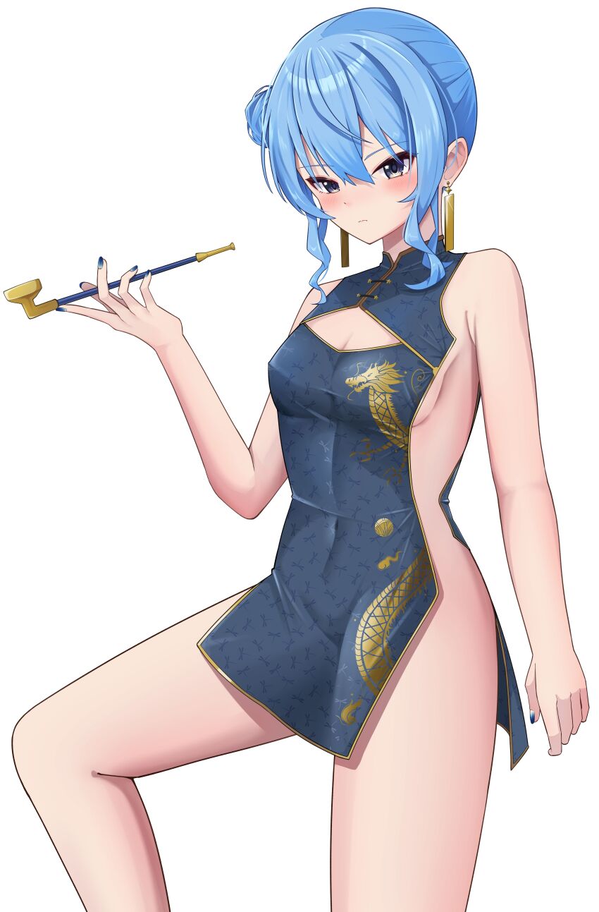 1girl, absurdres, alternate_costume, bare_legs, blue_eyes, blue_hair, blue_nails, blush