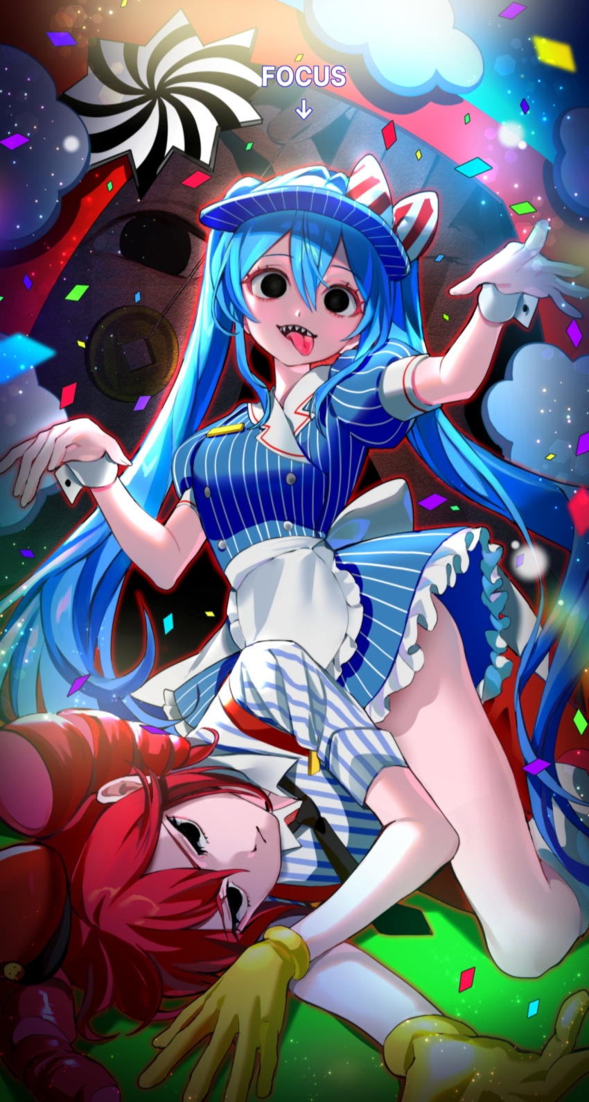 2girls, absurdres, apron, aqua_hair, black_eyes, blush, breasts, commentary