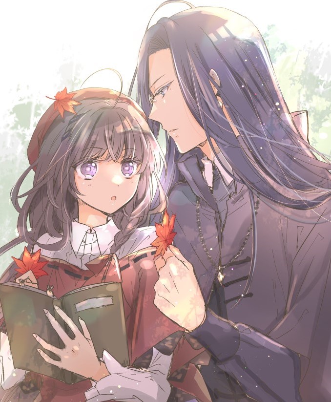 1boy, 1girl, :o, ahoge, autumn_leaves, beret, black_hair, black_shirt