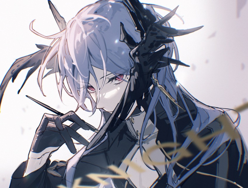 1boy, arknights, black_cape, black_gloves, black_shirt, black_wings, cape, cleavage_cutout